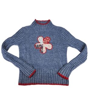 Knitty Gritty Girls Sweater Blue Mock Neck Medium Flower Patch Hippie Boho